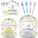 96PCS Princess 2nd Birthday Party Supplies Bibbity Boppity Two Plates and Napkins Blue Pink Castle Party Decors for Girls Princess 2nd Birthday Decorations Castle Tableware Dinnerware Serves 24 Guests