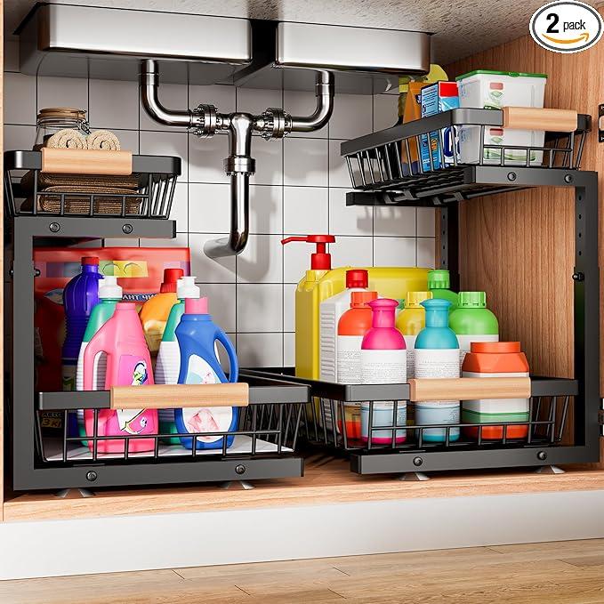 FapZox Under Sink Organizer, 2 Pack Under Sink Organizers and Storage, 2-Tier Pull Out Under Cabinet Organizer Storage Shelf, Metal Frame, Height Adjustable Rack for Bathroom Kitchen Pantry, Black