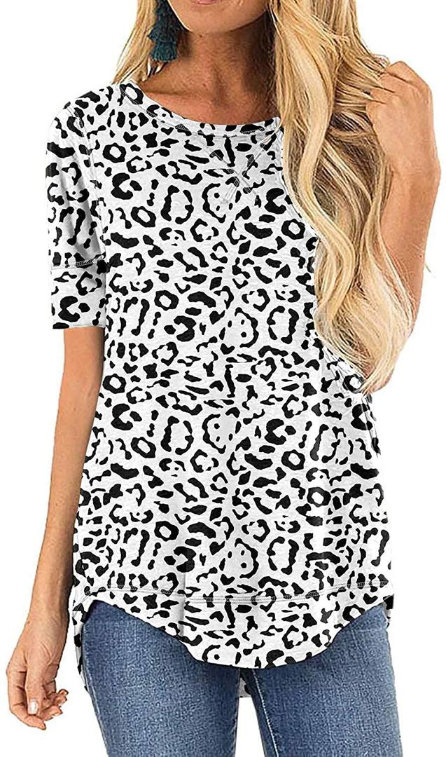 Womens Loose Fit T Shirts Cotton Casual Tops for Women Blouses for Leggings Short Sleeve Tunic Tshirts Crew Neck Ladies Tees (S, A-ST-Leopard White) (White, S)