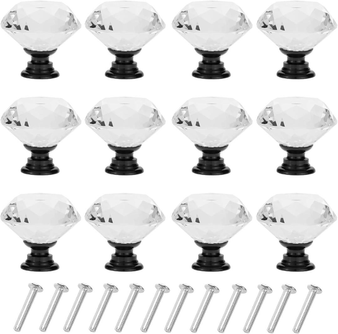 12 Pack Drawer Knobs Diamond Shaped Crystal Glass 30mm Cabinet Knobs Pull Handles (Black)