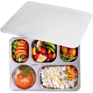 304 Stainless Steel Divided Plates with Lid for Adults Divided Dinner Tray 5 sections Bento Lunch Box Divided Food Containers (Large Size 5 Compartments)