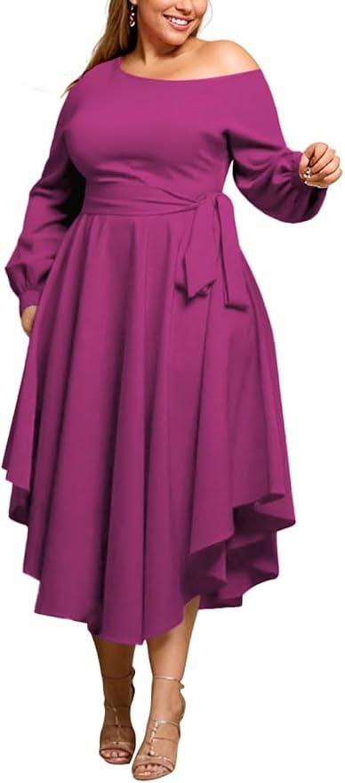 Plus Size Formal Dresses for Women Off Shoulder Long Sleeve Boat Neck Irregularly Flowy Midi Church Dress, XL