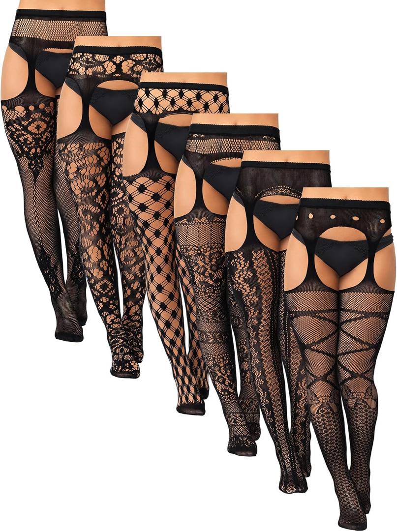 Jadive 6 Pairs Women Plus Size Fishnet Thigh High Stockings Suspender Garter Belt Lingerie Pantyhose Tights (X-Large-4X-Large, Black)