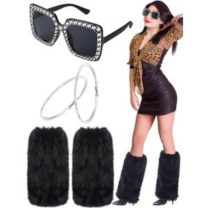 Geyoga 3 Pcs Halloween Reality Television Personality Costume Crystal Rhinestone Hoop Earrings Oversize Square glitter Sunglasses Fur Leg Warmer Short Boot Cuffs Covers Funny Accessories Girls Women