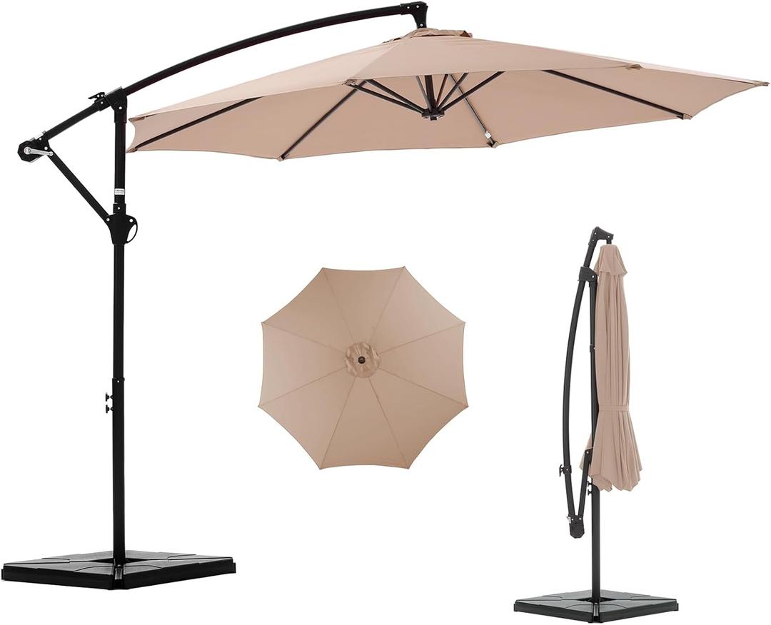 NEWBULIG 10FT Patio Umbrella, Offset Cantilever Outdoor Patio Table Umbrella, UV Protection, Fade Resistant Fabric, Easy Tilt Adjustment for Pool, Deck, Garden, Backyard (10FT-with 4 Bases, Khaki)