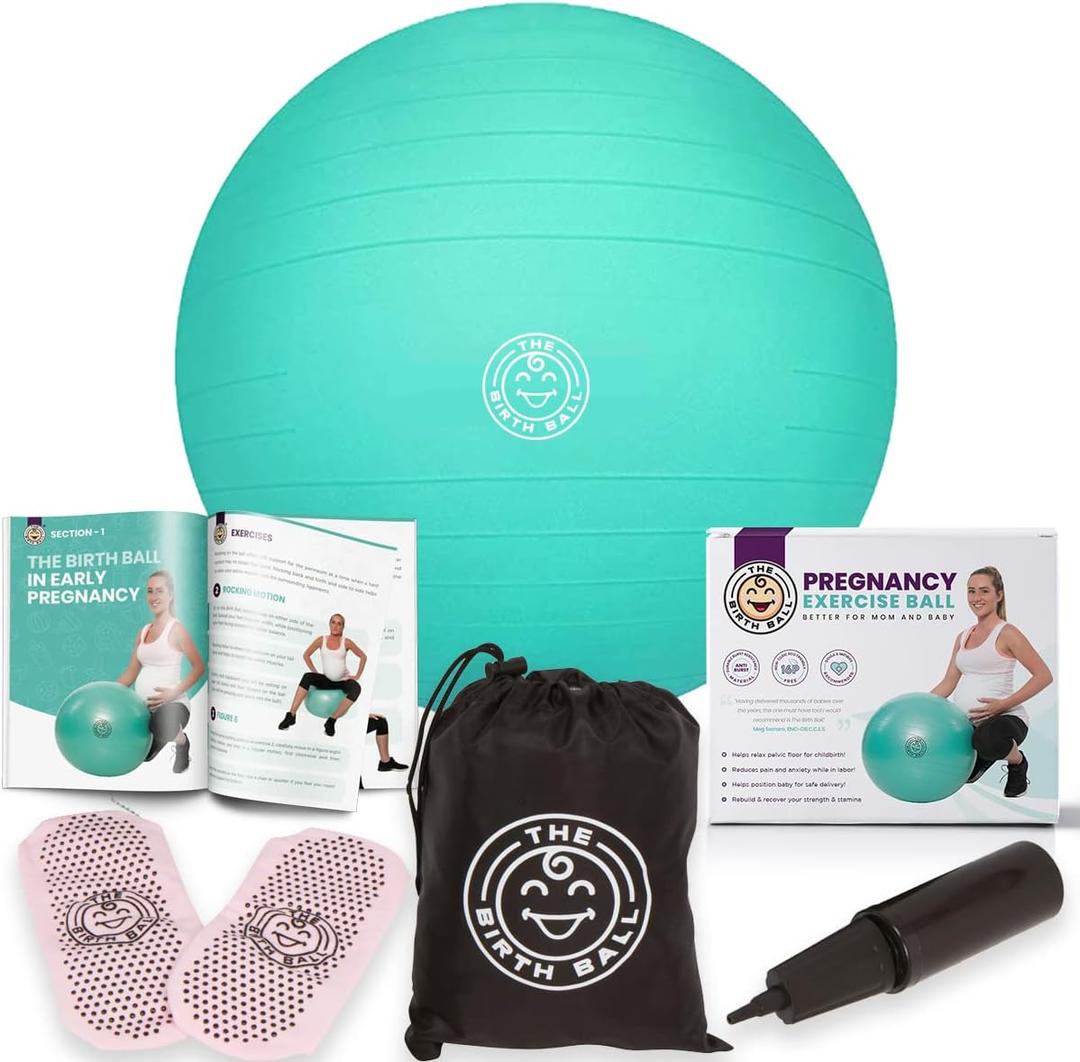 Birthing Ball for Pregnancy & Labor - 18 Page Pregnancy Ball Exercises Guide by Trimester - Non Slip Socks - How to Dilate, Induce, & Reposition Baby for Mom (75 cm, Mint Green)