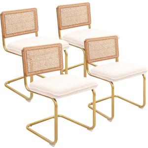 CangLong Modern Dining Chairs Set of 4 with Natural Mesh Rattan Backrest, Upholstered Fleece Seat Armless Accent Chairs with Metal Legs for Kitchen & Living Room, Cream