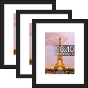 Upsimples 8x10 Picture Frame Set of 3, Made of High Definition Glass for 5x7 with Mat or 8x10 Without Mat, Wall Mounting Photo Frames, Black