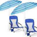Huwena 2 Pack Beach Chairs with Umbrella for Adults, Low Folding Chair Set, Adjustable Detachable Umbrella, Lightweight Portable with Cup Holder & Carry Bag, for Beach Camping Travel(Dark Blue), 22 X 21 X 28 Inches