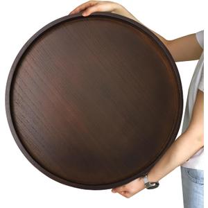 Gurfuy Round Wood Ottoman Serving Tray 24" - Rustic Wooden Table Tray for Farmhouse Decorative Oversized Coffee Table Trays Living Room Kitchen Counter Breakfast PaintBrown