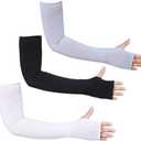Bacophy 3 Pairs Arm Sleeves with Thumb Holes Women Men UV Protection Cooling, UPF 50 Compression Long Arm Cover (3-pairs Black+white+grey)