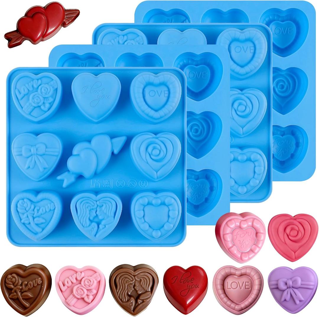 Sidosir 4Pcs Small Heart Truffles Chocolate Molds, Valentine's Day Truffles Chocolate Silicone Non-Stick Molds for Crafting Cakes, Mini 9-Design Love Rose Heart Resin Soap Mold for Home Bakers