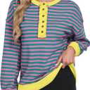 Caracilia Women's Oversized Sweatshirts Long Sleeve Henley Button Down Pullover Hoodies Tunic Tops 2025 Trendy Fall Clothes Striped Pink XXL (XXL)