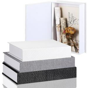 Tioncy 3 Pcs Fake Book Box Neutral Linen Book Box Decorative Faux Prop Storage for Farmhouse Home Decor shelf Table Card Photo DIY Keepsake Gift(Multi Sizes,Black, White, Dark Gray) (8.6 x 6.1 x 1.8 Inch)