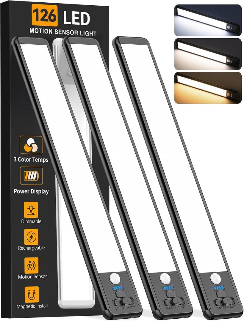 Under Cabinet Lighting Wireless, 15inch Rechargeable Motion Sensor Light Indoor, 3 Color Closet Light Battery Operated with LED Power Display, Magnetic Under Counter Lights for Kitchen (3Pack-Black)