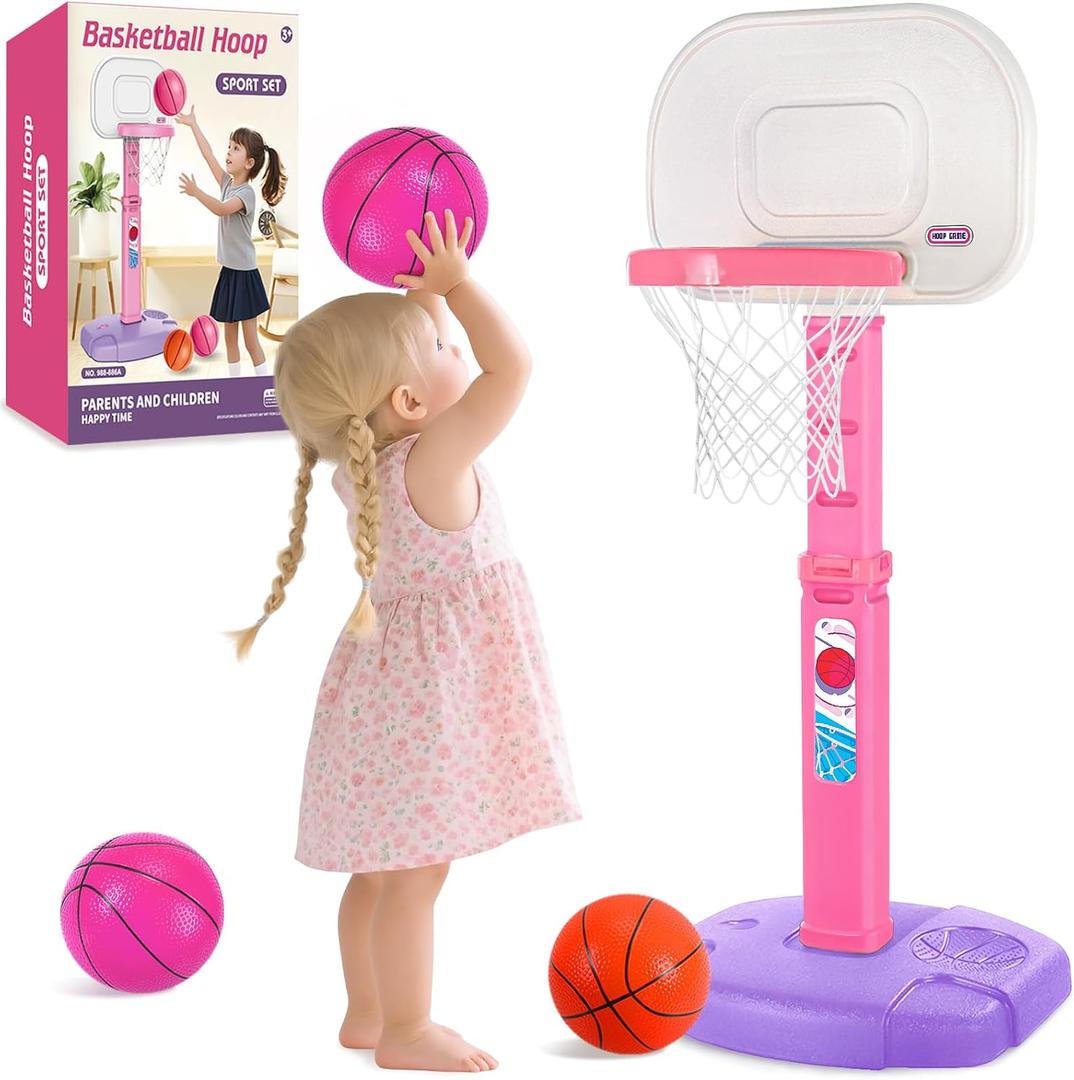 Toddler Pink Basketball Hoop Indoor Outdoor for Kids 1-3, Height Adjustable Kids Basketball Hoop with 3 Balls, Portable Mini Grils Basketball Goal Sport Toys for Baby Girls Boys Age 3 4 5 -Pink