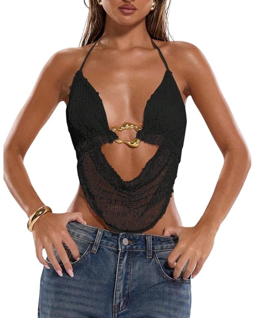 MakeMeChic Women's Crochet Halter Top Tie Open Back Metal Ring Draped Front Y2k Sexy Rave Party Going Out Tops Clubwear, L