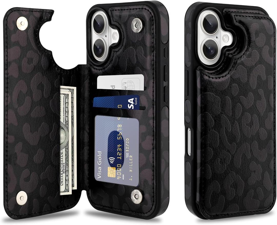 SOKAD for iPhone 16 Leather Wallet Case with Card Holder for Women Men, Trendy Leopard Cheetah Pattern, Double Magnetic Clasp Flip Phone Cover with 3 Card Slots, Black Leopard