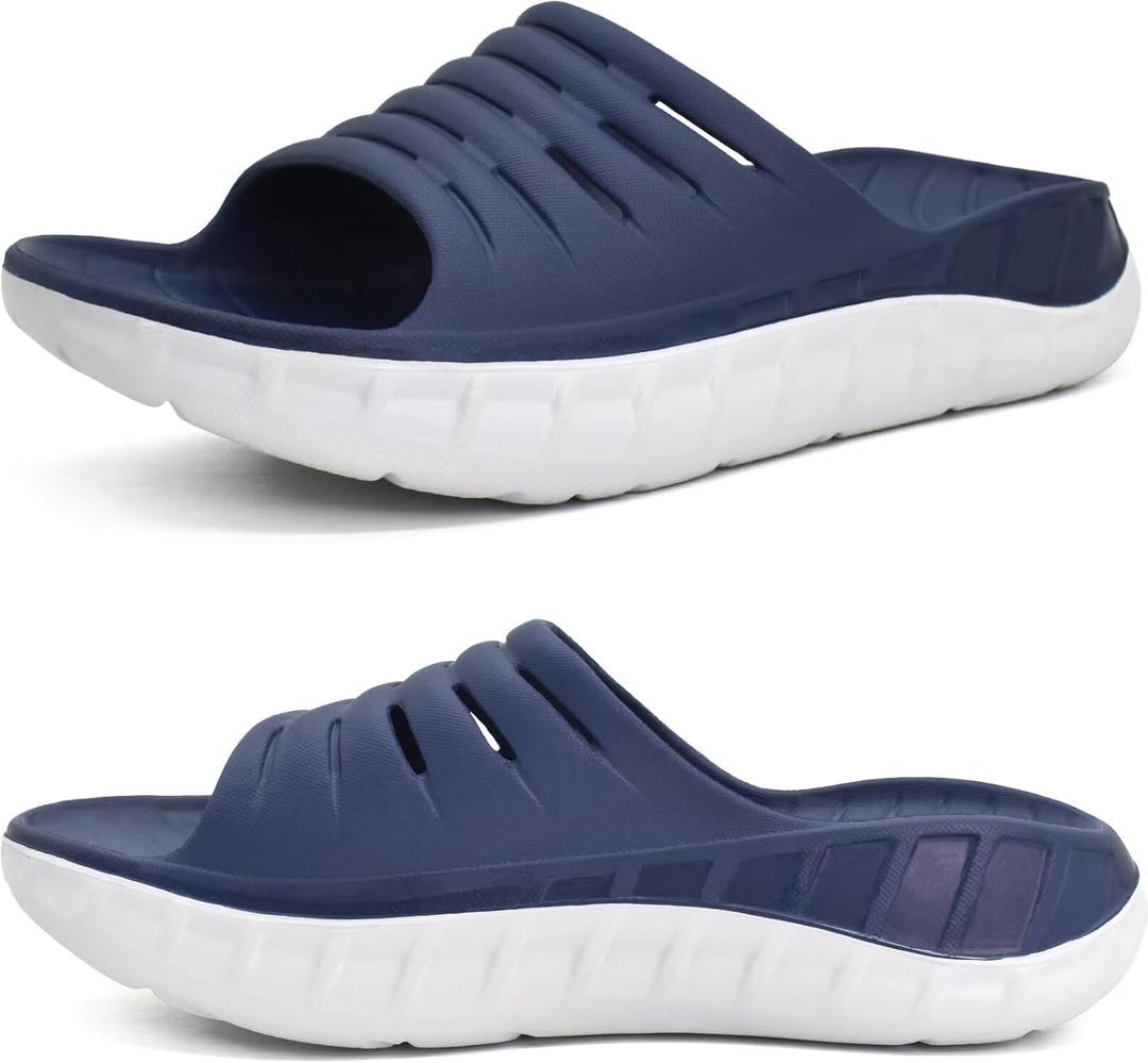KuaiLu Mens Recovery Sandals Orthotic Arch Support Open Toe Sport Slides Thick Cushion Orthopedic Plantar Fasciitis Slip On Wide Width Summer Pool Beach Waterproof (10, Blue White)