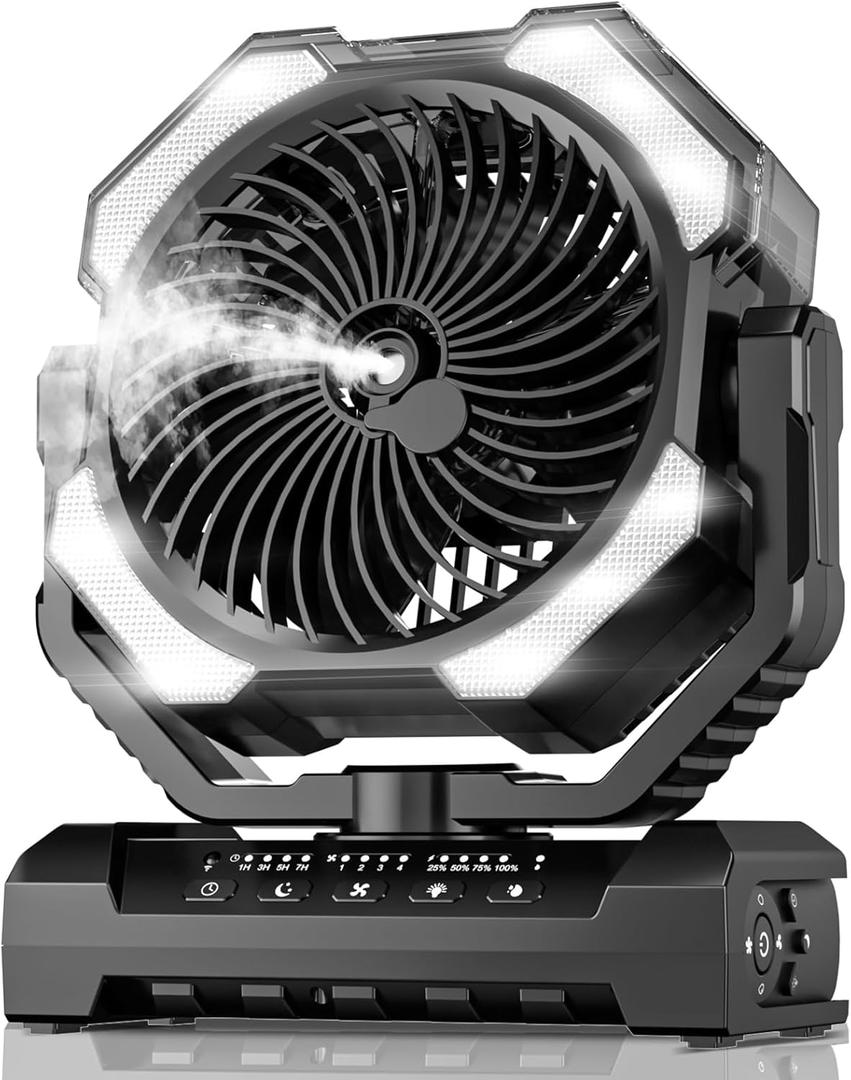 Misting Fan Portable with 9oz Water Tank, 24000mAh Rechargeable Cooling Fans for Outside, Outdoor Water Misters with 2 Mist Modes, Remote Control Camping Fan with Timer for Beach, Patios, Tents (Black)