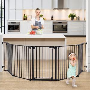 COMOMY 127.8" Extra Wide Baby Gate, Dog Gate for House Stairs Doorways Fireplace, Auto Close Pet Gate with Door Walk Through, 5 Metal Panels, Hardware Mounted Baby Fence Indoor Outdoor(30" Tall,Black)