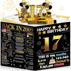 Joycard 17th Birthday Card for Girl Boy, 3D Pop Up Happy Birthday Gift for Daughter Son, Funny 17 Year Old Birthday Decorations for Grandson Granddaughter, Back in 2009 Laser Gold Retro Theme