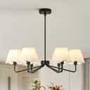 6-Light Black Farmhouse Chandelier with White Fabric Shade, Black Light Fixture for Dining Room Kitchen Island Living Room Entryway.E12.