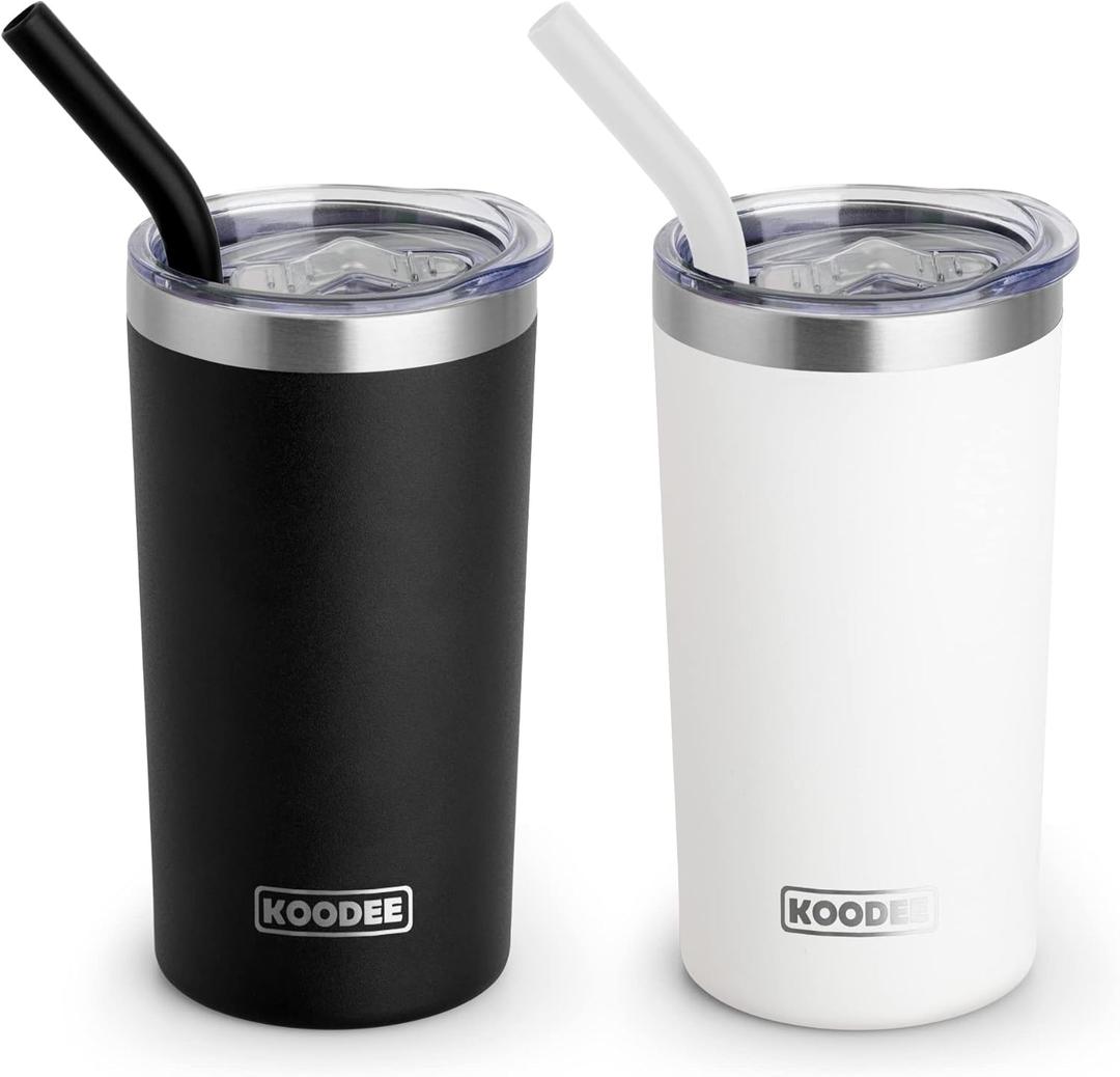 koodee Coffee Tumbler-12 oz Tumbler with Lid and Straw-Stainless Steel Double Wall Vacuum Insulated Tumbler Cup for Women (Black-White)