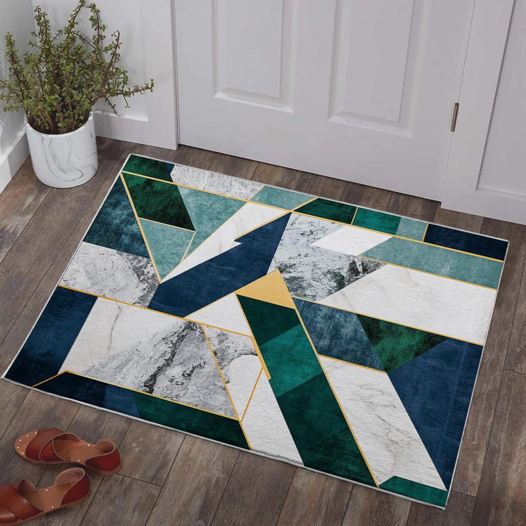 Green Neutral Geometric Area Rug Washable 3x5 Rugs for Living Room Bedroom Modern Geometry Soft Non Slip Floor Large Carpet for Entryway Bathroom Office