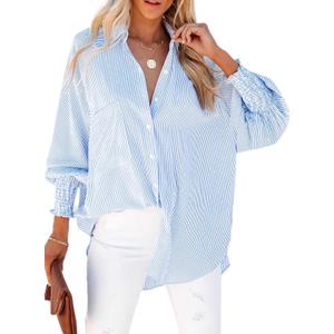 Women's Smocked Cuffed Striped Boyfriend Shirt Casual Collar Long Sleeve Oversized Button Down Blouse Tops with Pocket Shirred (X-Large, Blue)