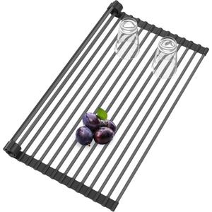 Roll Up Dish Drying Rack, Silicone Wrapped Over The Sink Multipurpose Foldable Dish Drainer Anti-Slip Coated Stainless Steel Dish Racks for Kitchen Counter, Sink Drying Rack (Black, 17.3" x 12.4")