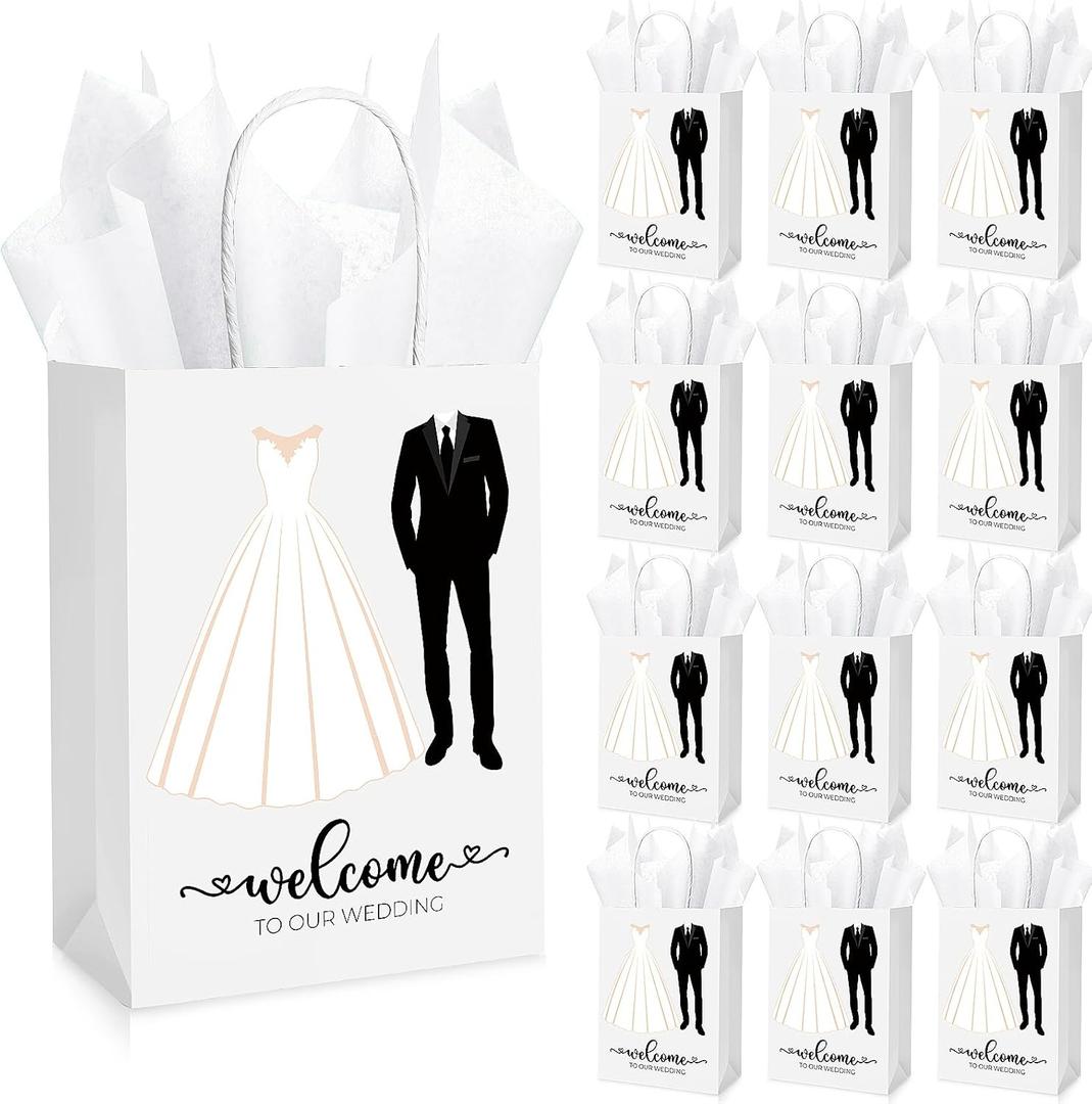 Zhanmai 50 Sets 5.91 x 3.15 x 8.27 Inches Wedding Welcome Bags with Sheets Tissue Paper and Handles Party Favor Bags Welcome to Our Wedding for Guests