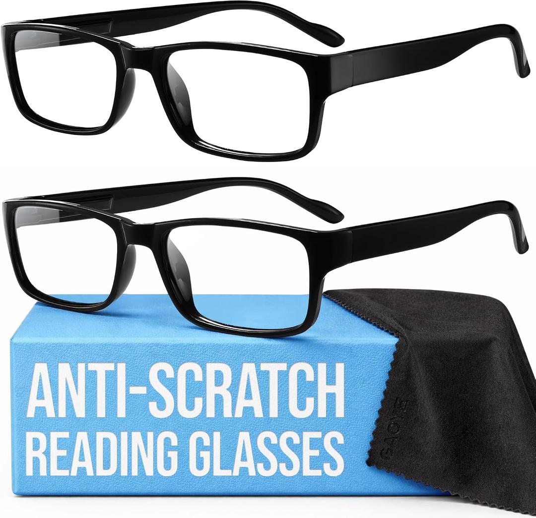 Gaoye +1.5 2-Pack of Reading Glasses - Blue-Light Filter, UV Protection - Readers with Rectangle Frames