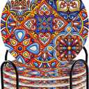 YETTASBIN Mexican Talavera 6 Pcs Drink Coasters with Holder, Cotton Woven Absorbent Heat-Resistant Round Coaster Non-Slip Table Mat for Kitchen Bar Home Decor Housewarming Gift, 3.9 in