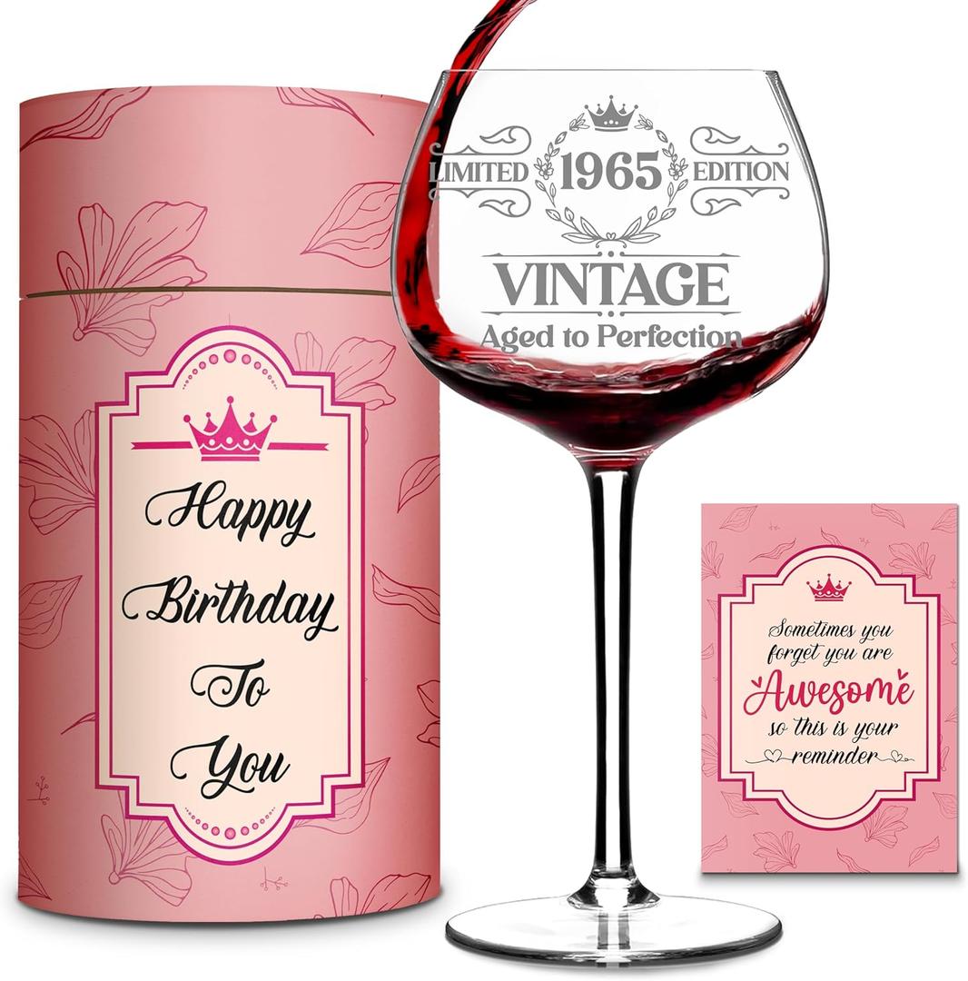Vintage 1965 Engraved Wine Glass - 60th Birthday Gifts for Women - Sixty Ideas for Her - 60 Year Old Lady Present - Happy 1965 Woman Gift - Turning 60 Cup for Wife, Sister, Daughter, Ladies