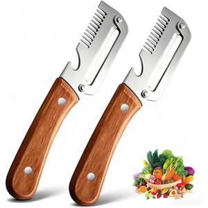 2 Pack Multifunctional Vegetable Peeler with Wooden Handle, 3-In-1 Veggie Peeler with Scallion Shredder and Bottle Opener, Stainless Steel Kitchen Peeler for Fruit Pumpkin Potato Carrot