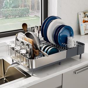 SUNLY Expandable Dish Drying Rack, Versatile Brackets for Pots & Pans, Space Saving Kitchen Drying Rack, Dish Racks for Kitchen Counter, Stainless Steel Dish Drainers with Extendable Spout, Gray+Silver, 22.54"D x 12.6" W x 7.2" H