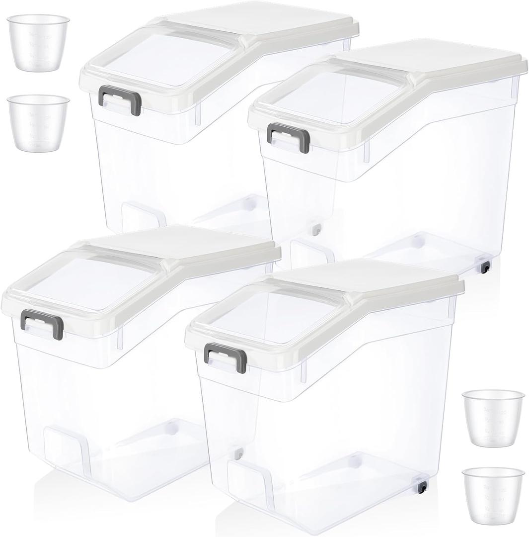 Sunnyray 4 Pcs Rice Storage Container 38 lb Flour Container with Wheels Measuring Cup Clear Pet Food Bin Dog Birds Cat Food Bin Grain Cereal Organizer Box for Dry Baking Supplies(White Lid)