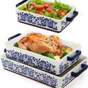 SOUJOY 3 Pack Rectangular Ceramic Baking Dish Set for Oven, Hand-Painted Floral Design Non-Stick and Stackable Casserole Dish with Dual Handles for Kitchen, Banquet and Daily Use