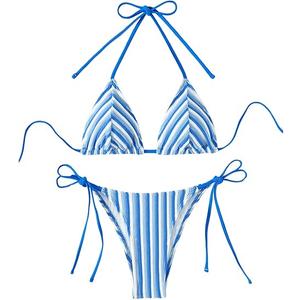 Women's 2 Piece Bikini Sets Halter Tie Side Triangle Swimsuit Striped Bathing Suit, (Blue, Medium)