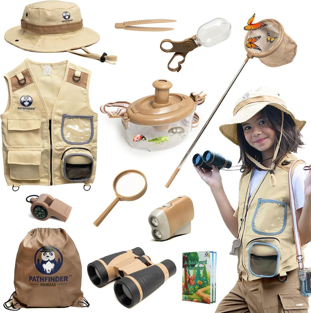 Kids Bug Catching Kit - Complete Explorer Kit with Safari Vest, Hat & More - Cute Dress-Up Safari Costume, or Zoo Keeper - Outdoor Explorer Set & Bug Toys for 7-12 Year Old Boys Girls + Adventure Book (Large, Brown)