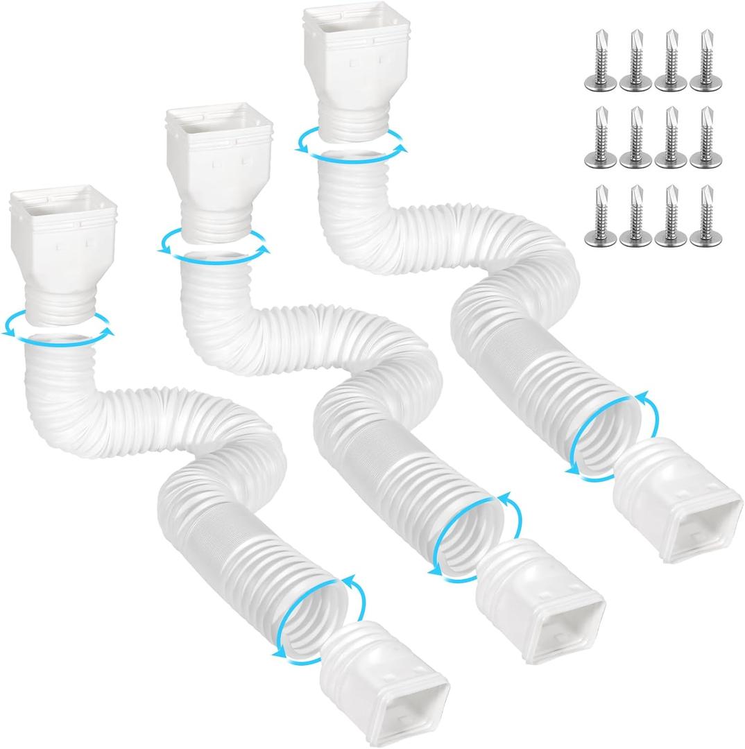 3 Pack Flexible Gutter Downspout Extensions Extendable from 21" to 67", Downspout Extender Comes with Adapters, Thickened Down spout Drain Extension for Rainwater Drainage(White)