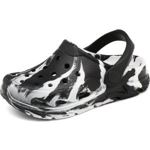 Cubufly Toddler Kids Clogs Garden Shoes for Boys Girls Marbled Tie Dye Water Shoes Slip on Sandals (2 Big Kid, Black/White)