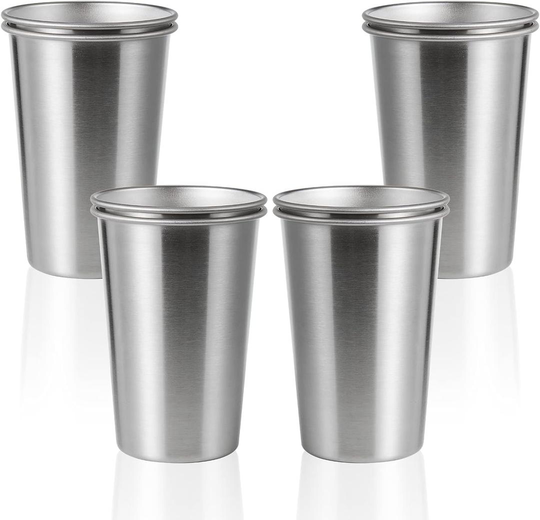 SMLIXE 8 Pack 16oz Stainless Steel Pint Cup, Healthy Unbreakable and Stackable, Metal Drinking Glasses