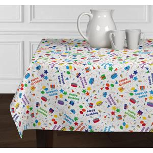 Happy Birthday Multicolor Tablecloth Cover TableTop Reusable Colorful Party Supplies Home Decorations Decor Dining Room Kitchen Fabric Overlay Pattern Linens Rectangle Oblong Table Cloth 54”x 84”