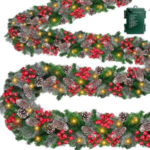 Total 18 Ft Extra Long Prelit Christmas Garland Outdoor 200 Warm White Lights 8 Modes Timer Xmas Garland Battery Operated 300 Thick Branch Christmas Decoration Stairs Mantle,2 Pack 9 Ft Each