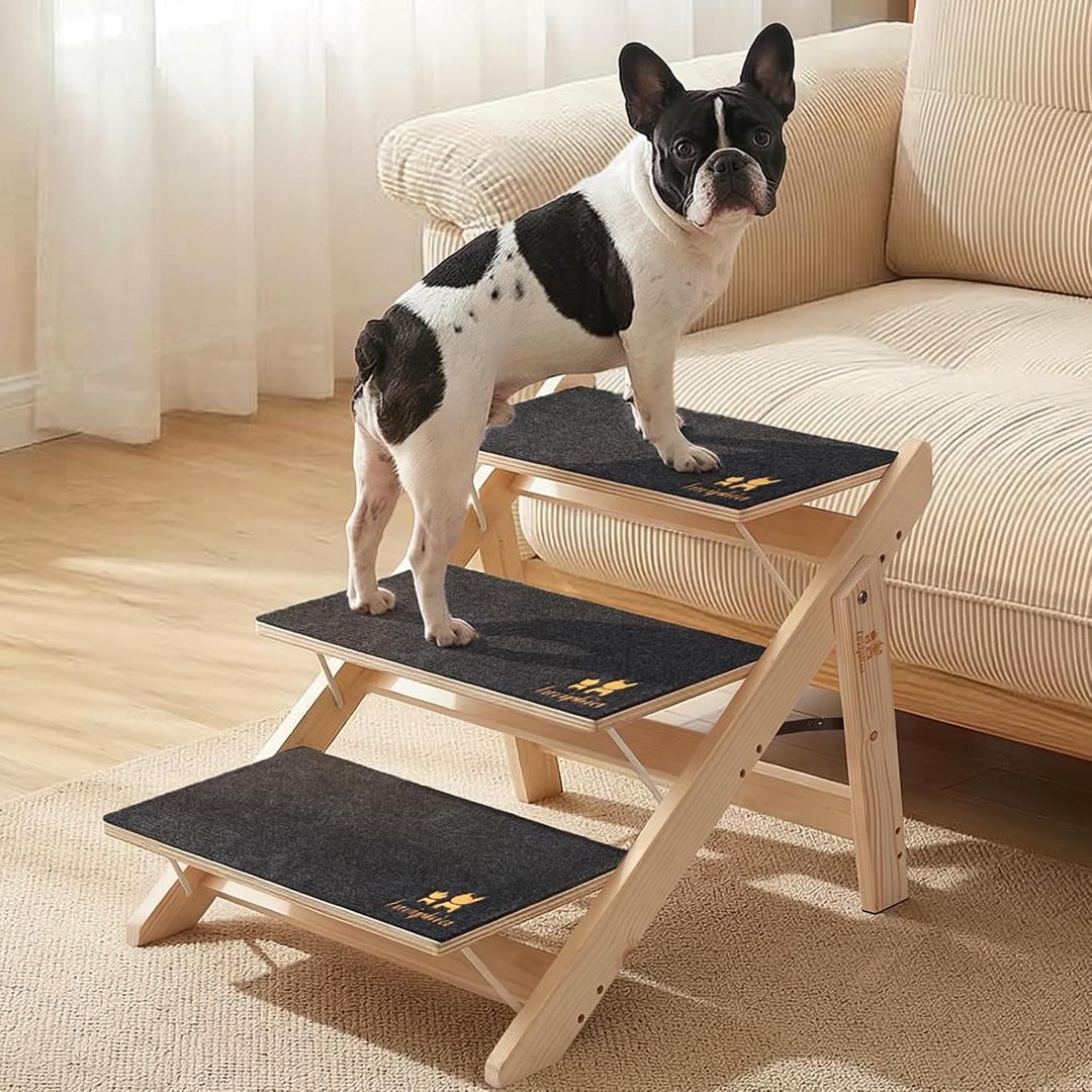 Luciphia Wooden Dog Stairs for Small Dogs 2-in-1 Foldable Dog Steps for Beds Cars Couch Anti-Slip Pet Ramp with 3 Steps Indoor Pet Stairs for Medium Large Older Pets Cats up to 220lbs
