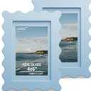 4x6 Picture Frame with Real Glass, Wooden Wavy Photo Frame with 3.5x5 Mat for Tabletop and Wall Hanging, Blue, 2 Pack