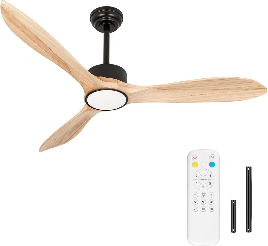 iTni Wood Ceiling Fan with Lights,52Inch Ceiling Fans with Remote Control,Dimmable Light,3 CCT,6 Speeds,Noiseless DC Motor,2 downrod,Ceiling Fan for Bedroom,Living Room,Indoor