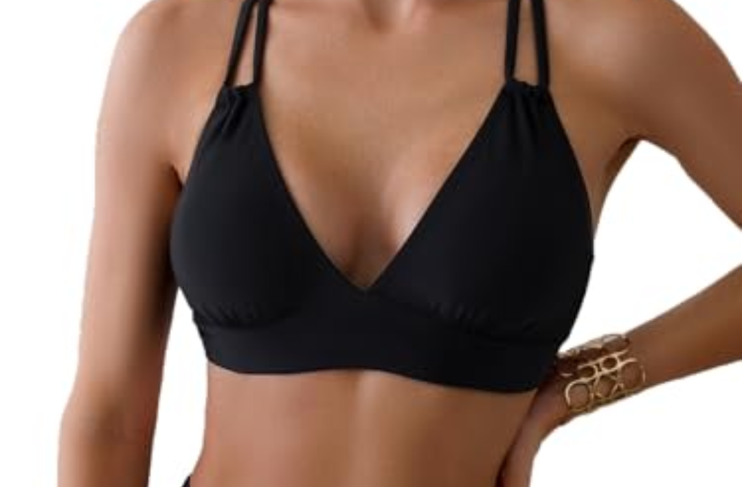 Fanuerg Women's Sexy V Neck Bikini Sets Hollow Out Two Piece Swimsuits Cutout Mid Waist Bathing Suit (Large, Black)
